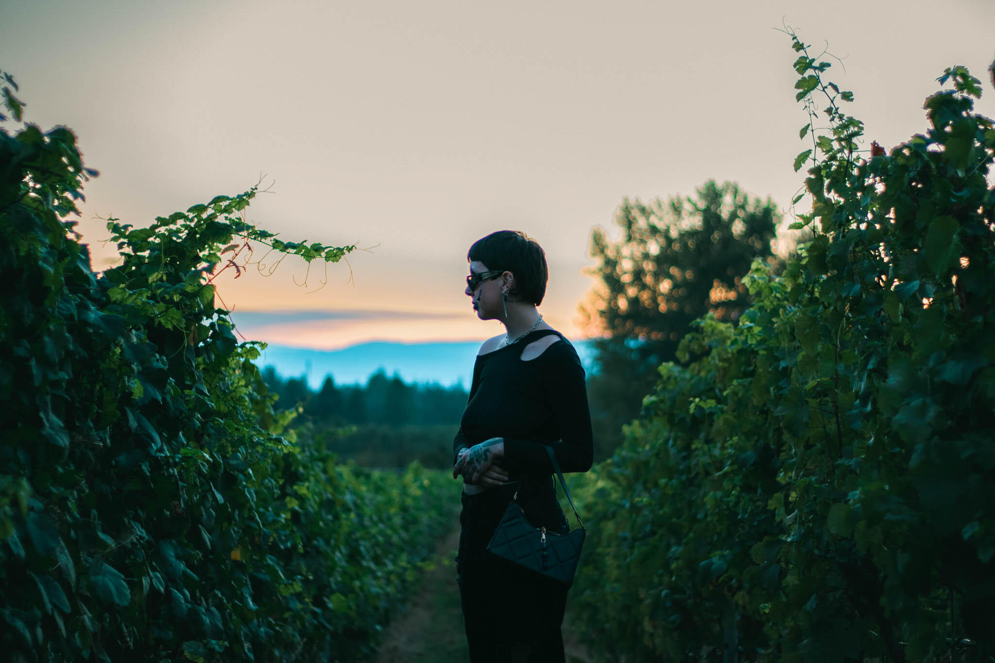 The Vineyards at Frequency Sound 528 A woman poses in a vineyard during sunset, with vibrant colors of the sky reflecting off the lush grapevines around her.